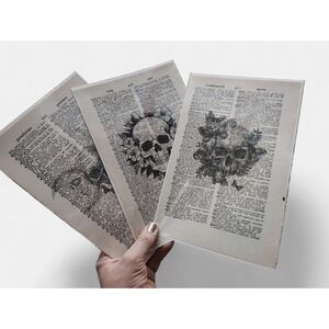 Skull Dictionary Art Prints Gothic Halloween Decor Set of 3 Vintage Pages